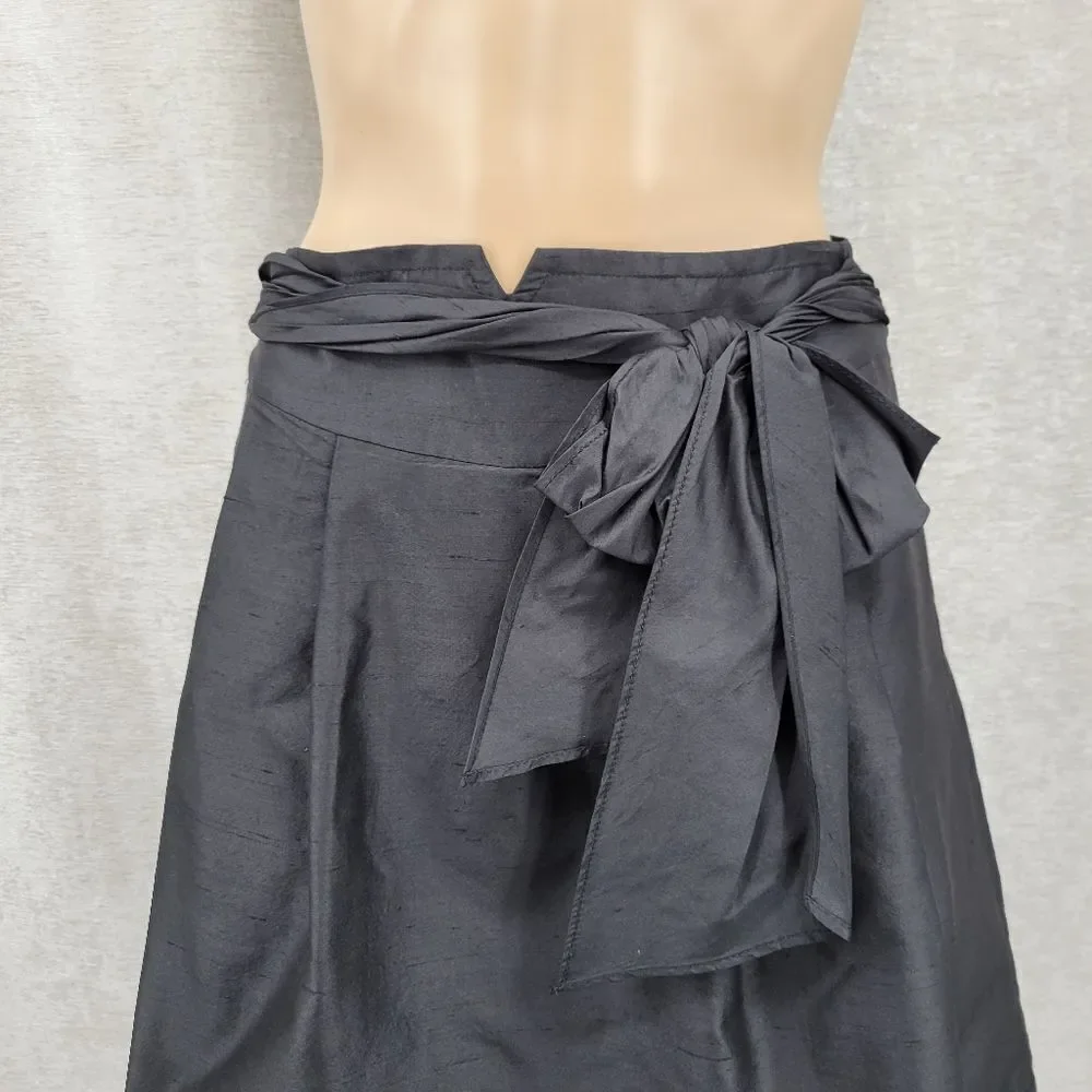 Trina Turk Silk Crepe Black A-Line Pleated Midi Skirt Bow Ties Waist Pockets